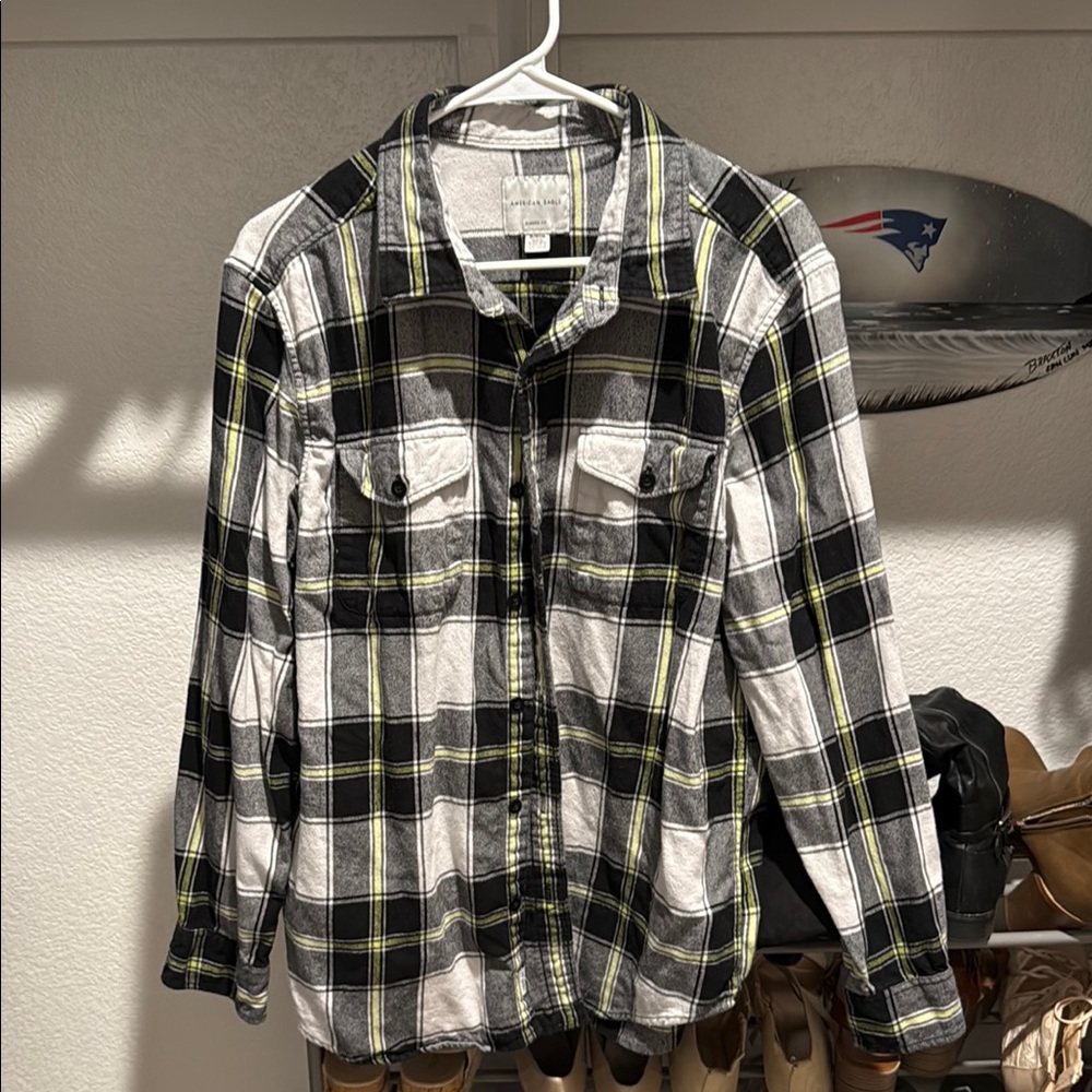 Plaid Button-Up Shirt (American Eagle)- Black, White, Green